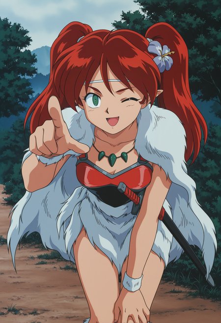 1girl,solo,mm,mature female,long hair,twintails,red hair,green eyes,hair ornament,hair flower,pointy ears,retro artstyle,anime coloring,
necklace,cape,headband,wristband,fur skirt,breastplate,sword,sheath,sheathed,leaning forward,hand on own knee,pointing at viewer, looking at viewer, one eye closed, open mouth,naughty face, outdoors,cowboy shot, 
,masterpiece,best quality,amazing quality,<lora:Ayame-InuYasha:0.8>