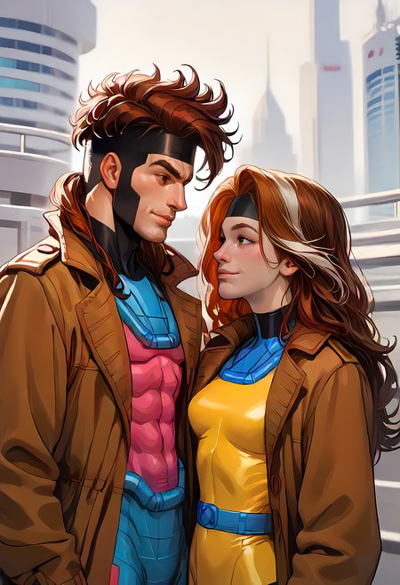 Gambit and Rogue from X Men, looking each other, cute scene, romance ambience
One is Gambit, Dsk_Remy_Lebeau, 1boy, auburn hair, black sclera, bodysuit, closed mouth, coat, colored sclera, facial hair, stubble, headband, muscular, open clothes, open coat, (red eyes), thick eyebrows, trench coat, upper body
Two is Rogue, 1girl, classicrogue, long hair, green eyes, brown jacket, big hair, multicolored hair, brown hair with white highlights in the front, parted lips, open clothes, belt, two-tone hair, bodysuit, skin tight, multicolored clothes, dyed bangs, multicolored bodysuit, green bodysuit, yellow bodysuit, smiling, cityscape, dutch angle))
 score_9, score_8_up, score_7_up, score_6_up, score_5_up, score_4_up,
<rogue_(x-men):1> classicrogue
<lora:Gambit_X-men_97__Comics_PDXL:1>
 <lora:incase-ilff-v3-4:0.8>