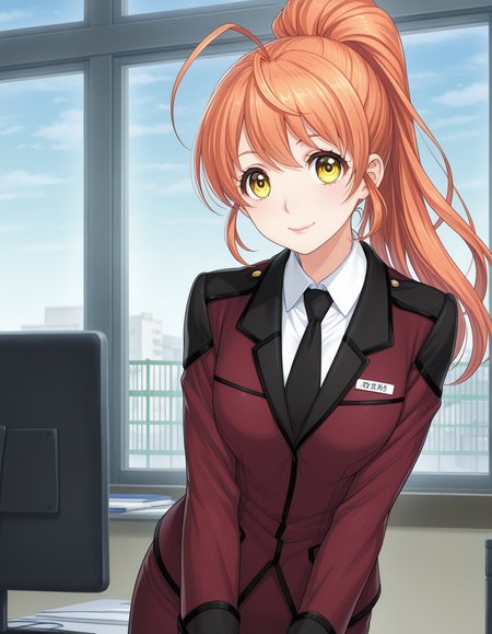 1girl, solo, yamabuki rin, orange hair, ponytail, antenna hair, yellow eyes, lips, smile, military uniform, red clothes, white collared shirt, black necktie, name tag, pencil skirt, leaning to green fence, indoors, office, window, (anime coloring:0.3) <lora:yamabuki_rin_ilxl_v1:0.7>