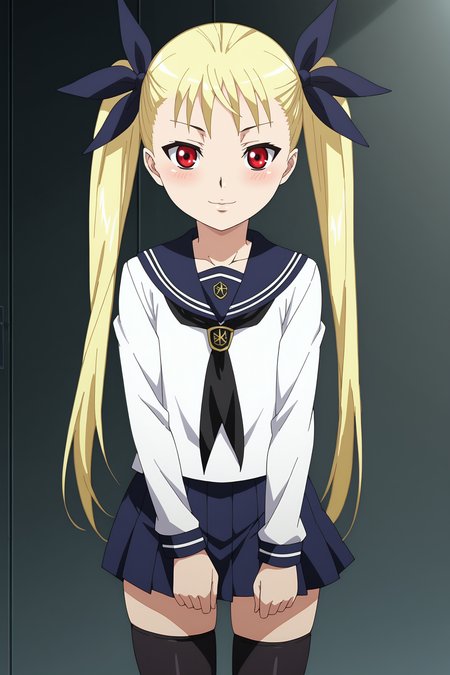 score_9, score_8_up, score_7_up, source anime, prefect lighting, very aesthetic, BREAK, anime screencap, anime coloring,
<lora:mina_tepes_v1:1>, 1girl, mina tepes, dance in the vampire bund, blonde hair, red eyes, flat chest, twintails, hair ribbon, serafuku, thighhighs, 
BREAK, light smile, blush, 
BREAK,