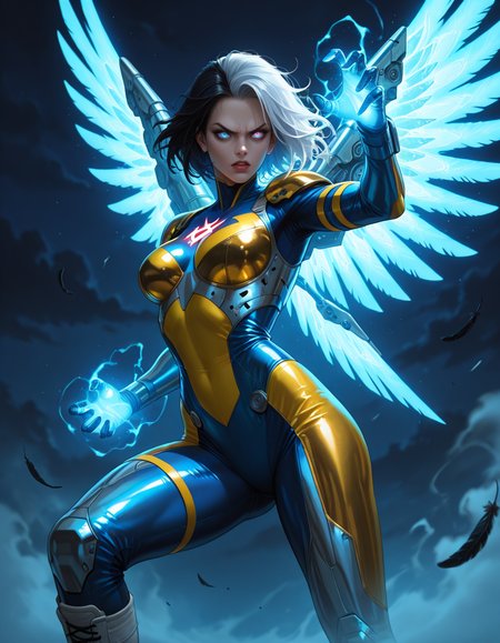 depth of field, focused subject, dynamic angle, dynamic pose, sexy pose, best quality, detailed eyes, perfect eyes, realistic eyes, layered haircut,
(film grain), neon distortion,
(cowboy shot,:1.2)
masterpiece, best quality, good quality, very aesthetic,
angry expressing, incoming attack, 1girl, rogue \(x-men\), (action pose:1.1), from below,
fallen angel, evil, superhero, skin tight suit, (blue and gold superhero suit:1.2), (blue metallic armor:1.2), cyber witch and bright black hair with silver highlights, wearing fur armor, metallic jaw, She is hovering in the air, She is casting magic, cyberpunk, mechanical-wings, the feathers of her wings are metallic with metallic hues shining, multicolored eyes, gradient eye color, white combat boots, attacking with silver glowing daggers, energy lines,
dark sky, fog, ominous shadow, vivid colors, motion lines, motion blur,
red and blue lighting, dark night 
<lora:add-detail-xl:1.5> <lora:Sinozick_Style_XL_Pony:0.7> <lora:UnifiedTheory [NoobAI  Illustrious]:0.5> <lora:NewFantasyCore_ILL:0.3>