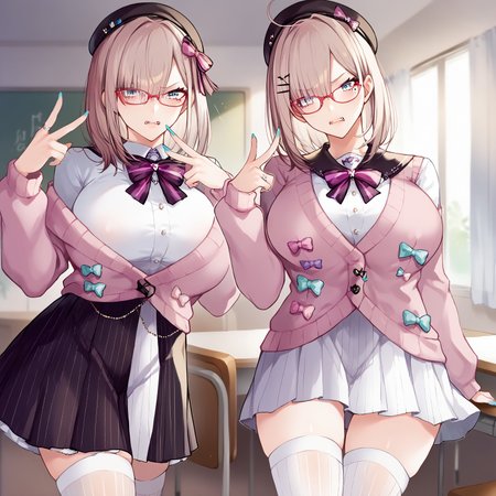 safe_pos, safe_pos, safe_pos, safe_pos, safe_pos, score_9, score_8_up, score_7_up, score_6_up, masterpiece, source_anime, high quality, perfect face, perfecteyes, perfect balance, detailed face, perfect lighting, eyebrows visible through hair, sukoya3rd, mole under eye, x hair ornament, hairclip, school uniform, white shirt, black sailor collar, serafuku, black skirt, glasses, white thighhighs, thighhighs, suzuhara lulu, virtual youtuber, brown hair, medium hair, blue eyes, black beret, hair bow, striped bow, pink bow, x hair ornament, white shirt, striped bowtie, black bowtie, jewelry, center frills, pink cardigan, multicolored bow, long sleeves, black bow, blue nails, ring, layered skirt, pink stripes, pink skirt, vertical-striped skirt, vertical-striped pantyhose, SimplePositiveXLv2, newest, absurdres, highres, very aesthetic, 200 cm tall,  
steamy, MAIDOLL, 2girls, full body shot, aroused flirting, long_legs,  tall girl,  tall_girl,long_legs, soles, showing soles, sole focus, feet, feet focus, large breasts,  steaming feet, fangs, low angle, dsocks, steam, long toes,
skindentation, angry, disgusted, indoors, bedroom, window, dimly lit, night
