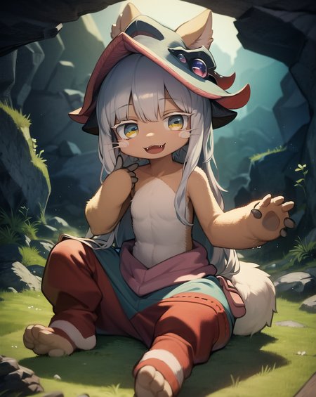masterpiece, best quality, ultra-detailed, illustration, epic lighting, cinematic composition, anime, 2d, 1girl, (furry, furry female, fluffy:1.2), flat chest, long gray hair, bangs, sidelocks,solo, happy, open mouth, smile, :3, fangs, nanachipants, nanachihat, sitting, looking at viewer, underground, cave, cliff, grass, rocks, moss, fantasy, (8k:1.1), <lora:nanachiMadeInAbyss_charNanachi:1>