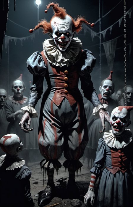 Horror-themed by peter de seve,(masterful but extremely beautiful:1.4),(masterpiece, best quality:1.4),in the style of nicola samori,Distorted,malevolent clowns,horror,macabre,circus of terror,twisted humor,creepy atmosphere,nightmarish visuals,surrealistic,eerie lighting,vibrant colors,highly detailed,by John Kenn Mortensen,, glow effects, godrays, Hand drawn, render, 8k, octane render, cinema 4d, blender, dark, atmospheric 8k ultra detailed, cinematic, Sharp focus, big depth of field, Masterpiece, 3d octane render, 8k, concept art, trending on artstation, hyperrealistic, extremely detailed CG unity 8k wallpaper, trending on CGSociety, Intricate, High Detail, dramatic . Eerie, unsettling, dark, spooky, suspenseful, grim, highly detailed