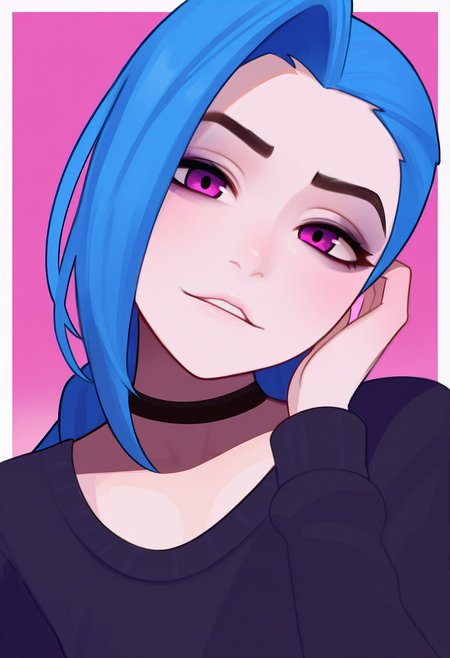 1girl, solo, jinx \(league of legends\), sweater, long sleeves, portrait, black shirt, pink background, white border, head tilt, looking at viewer, 
masterpiece, best quality, <lora:rezodwel-guy90-Illust-Lycorisv1:1> rezwel