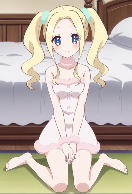score_9, score_8_up, score_7_up, score_6_up, score_5_up, score_4_up , anime coloring ,BREAK source_anime, anime,screencap,
1girl, solo, gjbu geraldine, white dress, fur trim, pink collar, pink scrunchie, fur collar, blue hair ornament, pink fur trim, bare shoulders, one-piece dress, twintails, barefoot, <lora:PonyXL GJBU Geraldine V1:1>
indoors, bedroom, sitting on bed,
smile, looking at viewer,