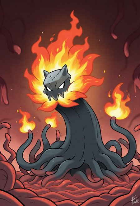 fakemongenone,  its middle stage this carbon creature has turned into a menacing magma monster. Now it resembles plants that reside in tropical/volcanic areas such as the sundew, pencil cactus and the ʻōhelo ʻai. This fiery fiend's tendrils are shaped like the arms of a sundew with its sticky lava-coated tentacles. Some of the molten vines on its head have berries growing on them like that of the ʻōhelo ʻai. The bottom roots on this flaming flora look like clumps of pencil cacti that form several smooth, sizzling and succulent branches. Small spurs also adorn this igneous monster as it is constantly screaming too.masterpiece, best quality, amazing quality,fakemongenone