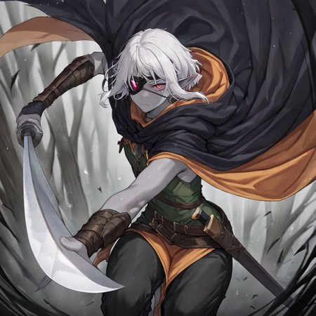 masterpiece, best quality, newest, absurdres, highres, 
INCSV1.0, incoming attack, holding sword, sword, holding weapon, holding, weapon,
1boy, pale, pale skin, grey skin, hood, hooded cape, rogue, assasin, dark elf, pointy ears, eyepatch,