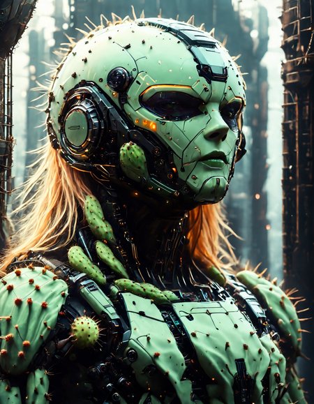 aidmaFLuxPro1.1, Prickly Pear Style, cyberpunk, ultra sharp, 32K, (low light), face focus, highly detailed photo of a (feminine:1.8) android made out of soft delicate cacti, integrated helmet, beautiful blooming pink cacti flowers as hair. (perfect symmetric) Integrated visor with yellow green strip for eyes. her beautifully delicate appearance is deceiving and very prickly. Dynamic highlights, raytracing, sharpen, futuristic spaceship hangar, (cacti skin), cactus