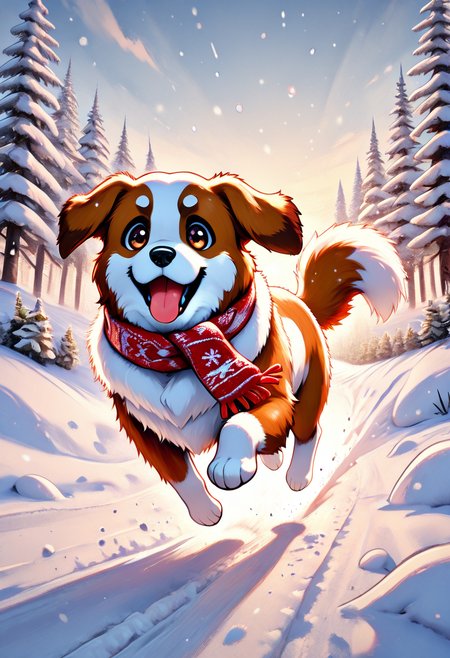 masterpiece, best quality, 32k, high resolution, absurdres, highly detailed, detailed background, animal christmas,  FMIXF, fluffy fur, vibrant details, solo, feral dog, saint bernard, running throw the snow, happy, tongue lolling, knit scarf, <lora:Animal_Christmas:1>  <lora:FMIXFIL:0.7>