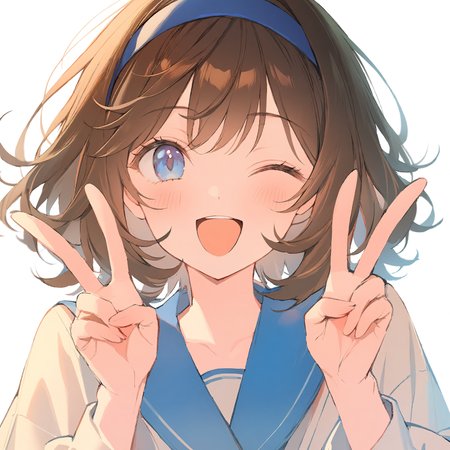 1girl, 
solo, simple background, looking at viewer, smile, blush, portrait, one eye closed, brown hair, hands up, happy, open mouth, tongue, blue hairband, v, blue eyes, hairband, white background, double v, ;d, short hair, eyelashes, 
masterpiece, best quality,  safe
 <lora:mki-ani31-blackmeow-v1-000120:1>