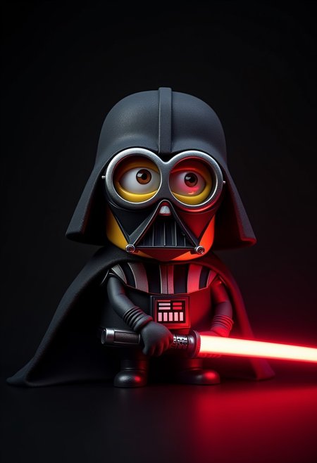 A minion from despicable me, wearing darth Vader's helmet, holding a red lightsaber, masterpiece, 4k, best quality, highly detailed, pitch black background,