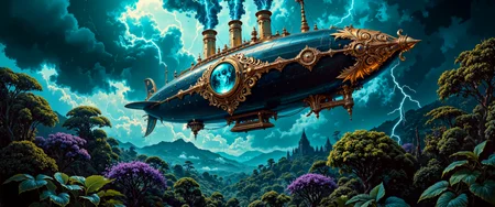 fantasy painting in a classical romantic style, with strong rococo and steampunk influences. a majestic and otherworldly airship hovers above an alien jungle canopy on a distant planet, its hull sculpted in ornate rococo flourishes and gilded scrollwork, the overall design appearing like a floating masterpiece of royal craftsmanship crossed with arcane technology. the centerpiece of the airship is a large glowing blue-green orb, embedded at its heart like a mystical jewel, its light casting an eerie ethereal glow on the surrounding metalwork, the orb pulses with arcane energy and powers the vessel, positioned beneath three towering smokestacks that erupt with vibrant, spiraling blue-green flame, each chimney adorned with curling golden embellishments and asymmetrical rococo decorations. the hull is crafted from a dark, almost obsidian-like alloy, richly inlaid with golden veins and delicate engravings, giving the ship a regal yet alien aesthetic, its silhouette recalling the shape of a fantastical sea creature or baroque cathedral adrift in the sky. below, the dense jungle stretches endlessly, made up of lush alien flora in deep green and violet hues, trees and plants with exaggerated forms and bioluminescent accents dot the landscape, creating an environment that feels vibrant, mysterious, and untamed. a violent storm churns in the sky above, deep slate clouds rolling overhead, two jagged bolts of lightning crack through the darkened atmosphere, illuminating the airshipâs golden curves and the jungle canopy in brief flashes of brilliance, the storm light casts dramatic contrasts and sharp reflections across the hull. the camera angle is a slight low angle and tilted perspective, creating a dynamic and immersive composition, the airship dominates the upper center of the frame, its glow a beacon in the gloom, lending the image a sense of awe and tension as if the viewer is witnessing a mythic event unfold. the color palette is moody and rich, dominated by cool, saturated tonesâblues, teals, purples, and deep greensâwith golden highlights providing visual contrast and drawing the eye to the details of the ship. painterly brushwork with soft gradients and sfumato effects, capturing atmosphere and detail without losing the dreamlike quality, lighting reminiscent of rembrandtâs chiaroscuro style, combining glowing highlights with enveloping shadows, the overall image resembles a masterwork oil painting, merging fantastical elements with the grand tradition of classical portraiture and dramatic landscape. shot with cinematic composition and lighting, prioritizing narrative scale, mysterious ambiance, and mythic grandeur, ovg, aidmamj6.1, <lora:midjourney_61-v0.5-flux-by_aidma:0.56> <lora:style-rembrandt-flux-by_tangbohu:0.52>