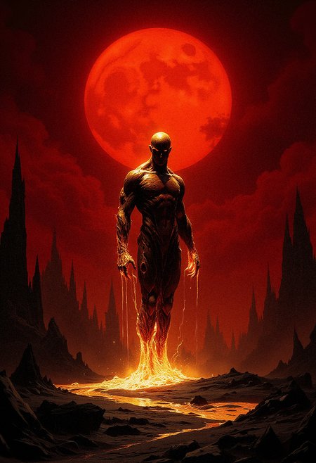 A glowing humanoid figure made of molten gold, standing in a surreal desert of black sand under a burning crimson sky. The figure's body is entirely liquid, constantly shifting and rippling as if it's made of lava, with trails of molten gold dripping from its limbs. The desert around it is barren, with sharp, obsidian-like rocks jutting out of the ground. A bright red sun hangs low in the sky, casting a harsh, unearthly light across the scene. The atmosphere is otherworldly, creating a stark contrast between the flowing golden figure and the black, desolate landscape.   <lora:dark_fantasy_flux:0.83> <lora:FredFraiStyle-FLUX-Share:0.63> <lora:sxz-Dark-Fantasy-v2-Flux:0.33> drkfnts style,