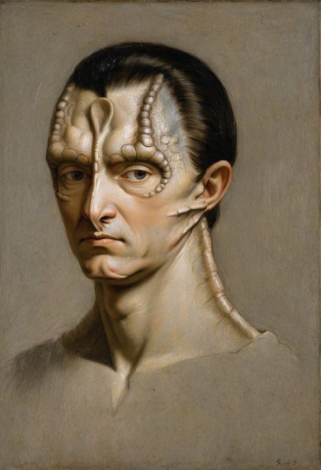 masterpiece oil painting by Rembrandt and Leonardo da Vinci, upper body renaissance portrait oil painting of (a male c4rd45514n alien, forehead crest, grey skin, ridges, scales), militaristic general, black hair slicked back
