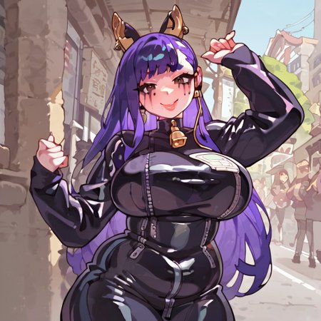 score_9, score_8_up, score_7_up, Expressiveh, anime, hentai, fair skin, asian, woman, adult, 36 year old, best quality, ((a prostitute is flirting trying to find a client)), standing on a street corner, soliciting, solo focus, plump, chubby, latex bodysuit, long sleeves, bell collar, huge breasts, narrow waist, wide hips, neat hair, very long blue-violet hair, brown eyes, natural eyebrows, naughty expression, lewd expression, earrings, healthy, seductive, whore, prostitute, Japanese city, streets, crowds, nice makeup, (earpiece, hearing aid:1.4), huge dangling dark asian pussylips, chubby, flabby thighs, soft arms, pot belly