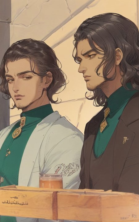 artwork <lora:Moebius:1>, Medium Shot of on the left 1man 35yo (Ø¯Ø§Ø¯Ø¨Ù Ú©Ø±ÛÙÛ:1.3), Tapered Cut hair, on the right 1man 40yo (Alberico Marchesi:1.3), Wavy hair city park, alternate history