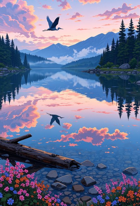 A crystal-clear mountain lake reflects the breathtaking hues of sunrise, mirroring the soft pastels of the sky. The distant Blue Ridge Mountains, shrouded in morning mist, rise gently in the background, while towering evergreens frame the serene waters. In the foreground, a fallen log, partially submerged, is surrounded by delicate clusters of pink and purple wildflowers. The surface of the lake is broken only by the gentle ripple of a great blue heron gliding effortlessly above, its wings outstretched as it takes flight into the glowing morning sky.