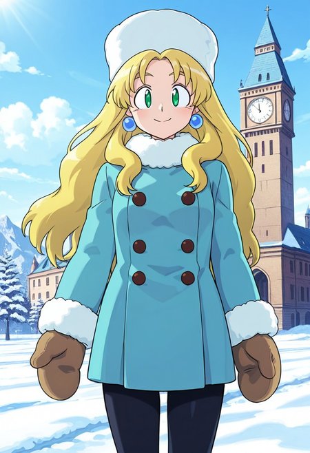 score_9,score_8_up,score_7_up,source_anime,5_figner,2d_animation,game cg,BREKE,1girl,solo,
Kalinka Xover,fur hat,bangs,blue coat,blonde hair,long hairgreen eyes,winter clothes,fur trim,buttons,earrings,pantyhose,jewelry,mittens,
front view,cowboy short,looking at viewer,
smile,
russia background,snow,cloud,castle,Clock Tower,
masterpiece,best qualit,ultra-detailed,illustration,an extremely delicate and beautiful,beautiful detailed eyes,unity 8k wallpaper,high resolution,anime CG,official_art,