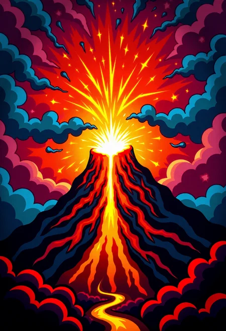 <lora:Graffiti_Characters2_FLUX-000011 (1):0.9>
This is a vibrant, stylized digital drawing set against a dramatic, abstract background, of a  a volcano erupting