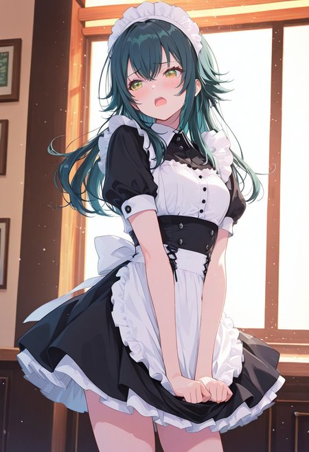 1gril, gakumas, temari, blush, frown, wave mouth, open mouth, maid, skirt tug, midriff, maid cafe, BREAK styling pose, fashion pose, sexy posing, dynamic angle, manimani,simple background, bloom, soft lighting,  BREAK perfect details, masterpiece, best quality, ultra-detailed, best illustration, high resolution, extremely detailed CG, unity 8k wallpaper, super detailed skin, perfect anatomy, detailed, cinematic lighting, dynamic lighting, light particles, beautiful detailed eyes, absurdres, very aesthetic, detailed background, depth of field