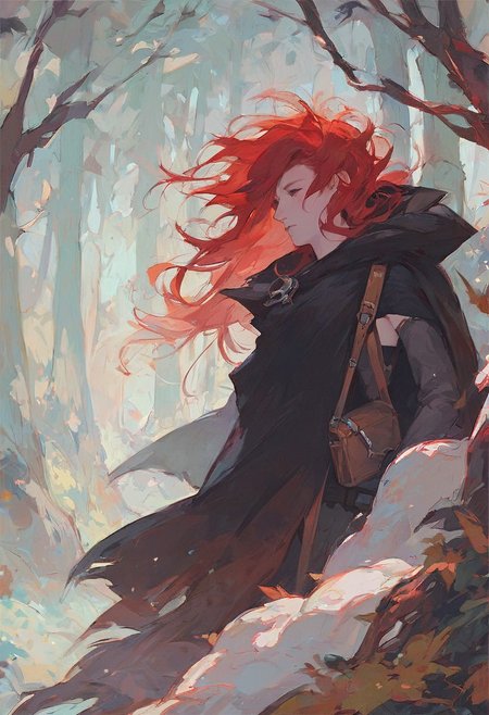 score_9, score_8_up, score_8_up, fantasy, human female, (forest background:1.1), red hair, long messy hair, tube top, black cloak, (shoulder bag:1.1)