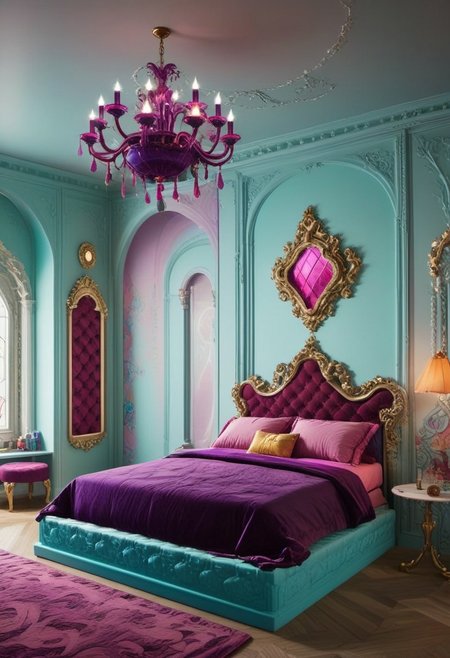Light mood masterpiece photography, realistic, realistic photograph, inside bedroom, gaudy, Lisa Frank inspired, Lisa Frank colors, fancy headboard, neon orange wooden bedframe, maximalism, green and blue and pink, purple, in bedroom, soft rug, neon rug, bedroom like bedroom from Howl's Moving Castle, vanity, beanbags, framed pictures of castles on wall, stained glass windows, chandelier, crystal chandelier, bunk bed, castle bunk bed, castle bunk bed with stairs going up to top bunk