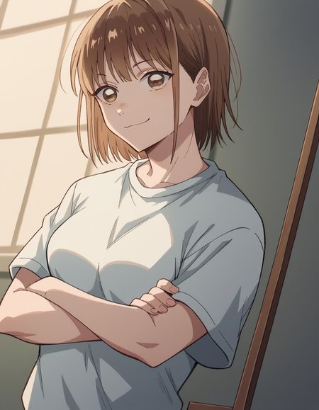 score_9, score_8_up, score_7_up, source_anime, <lora:chinatsu-kano-alpha-ponyxl-lora-nochekaiser:1>, chinatsu kano, short hair, brown hair, brown eyes, medium breasts,, shirt, white shirt, short sleeves, shorts,, museum, art exhibit, paintings, observing, quiet contemplation, cultural experience, , , crossed arms, smug, solo,, cowboy shot, dutch angle,