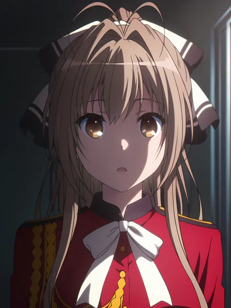 <lora:Isuzu_Sento:0.8>, sento isuzu, 1girl, solo, brown eyes, long brown hair, antenna hair, ponytail, hair ribbon, military uniform, red jacket, white bowtie, epaulettes, aiguillette, confused, :o, open mouth, standing, arms at sides, upper body, looking at viewer, indoors, dark, sidelighting