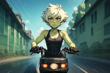 motocompo, riding motocompo
 peridot,
small woman large chest, short tomboy hair, wearing tight yoga, pants, standing <lora:Motocompo:1>
driving to the right <lora:RD-MAnon-XLV1.1:1>, , source_anime, score_9_up, score_7_up, score_8_up