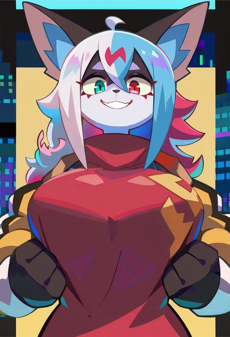 masterpiece,best quality,amazing quality, newest, absurdres, highres, Kiding_Ryuu, KDSTL, 1girl, breast focus, large breast, naughty smile, looking at viewer, aqua eyes, red eyes, white hair, multiple colored hair, inner colored hair, heterocromia
