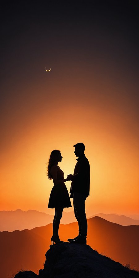 <lora:HMSGåªå½±XL-000001:0.8>,Couple standing, silhouette, mountain top, soft sunset light, romantic, surrealism style, high contrast, high definition photography, black and orange colors