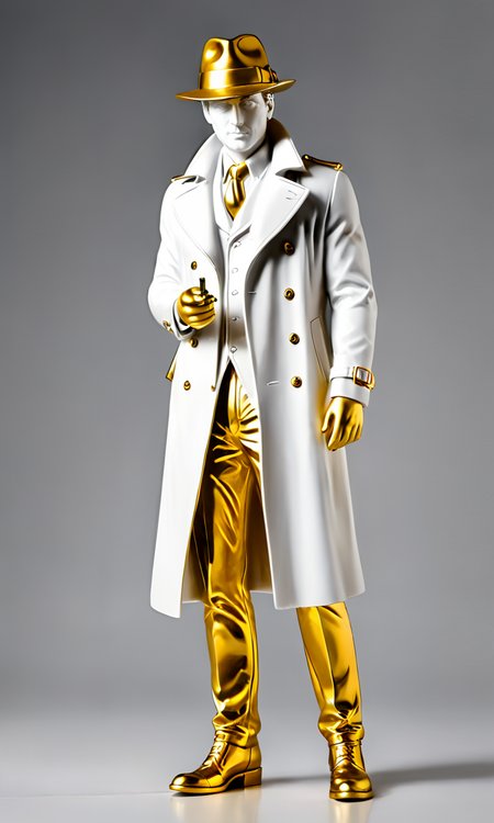 a statue of a detective, best quality, masterpiece,  <lora:cstatuesdxl:0.8>, cstatuesdxl, white and gold,4 legs, fedora, trench coat,