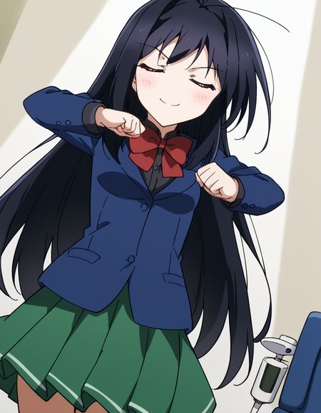 score_9, score_8_up, score_7_up, source_anime, <lora:accelworld-kuroyukihime-s1-ponyxl-lora-nochekaiser:1>, kuroyukihime, long hair, black hair, red eyes, antenna hair,, skirt, bow, brown eyes, school uniform, jacket, blazer, red bowtie, blue blazer, green skirt, pleated skirt, staff room, table, chairs, coffee machine, relaxation, smile, <lora:shikairo-days-dance-ponyxl-lora-nochekaiser:1>, shikairo days dance, shikairo days dance (meme), dancing, meme, closed eyes, clenched hands, glowsticks, blush, smile,, looking at viewer, solo,, dutch angle, cowboy shot