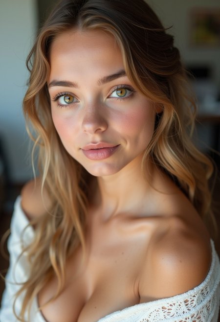 A stunning perfection style 18 year old girl with flawless model-like facial features, visible cleavage, flawless light pale skin, and unnaturally large and colorful eyes.