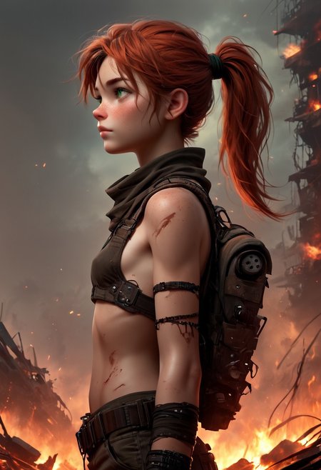 1woman, Masterpiece, 4k, ultra high detail, score_9, score_8_up, score_8, 21yo,  small breast size, long red ponytail hair, fcNeg, stunning green eyes, freckles, white skin, small nose, innocent beauty, slim face,  skinny body, 
Native Tribal clothes, Waterworld_clothes, 
Dark sky, burning sky, nighttime, night, burning skyscraper, asteroids in sky, 
Sideview,  Apocalyptic scene, burning skyscraper, burning city, destroyed cars, 
End of the World, 
negative_hand, NightScapes,