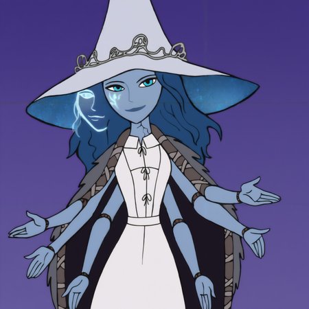 <lora:Kim_Possible_Style_6c_Illustrious_aon:1> kmstyle, masterpiece, best quality, outdoors, night, dark, looking at viewer, closed mouth, 1girl, solo, ranni the witch, blue skin, cracked skin, blue eyes, blue hair, long hair, fur cloak, witch hat, white headwear, large hat, white dress, extra faces, extra arms, witch, witch, doll joints, smile, incoming hug,