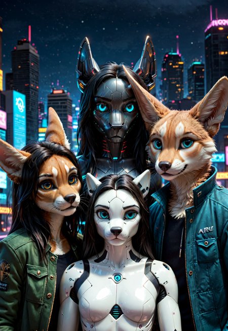 score_9, score_8_up, score_7_up, score_6_up, photorealistic, epiCPhotoGasm-colorfulPhoto, Realistic, highres, super high resolution, 8k, photo, furry, Furry, anthro, fur, male, fennec, brown fur, implanted eyes, robot face, robot face, he has gold plate on the head,  implanted forehead, blue glowing eyes, metal head, gold forehead, metal eyes, sad, long black hair gathered in a long ponytail, black hair, metallic head, metal face, he has implanted face, close-up, long dark green thick coat, green coat,  black leather shirt, black tight pants, long black hair, implants, implant eye, robot, furry,  cyberpunk, night, cyber city, cyberpunk city, metallic eyes, metallic fur, robot, thin body, night, city, cyberpunk city, cyberpunk, realistic, detailed, detailed fur, 