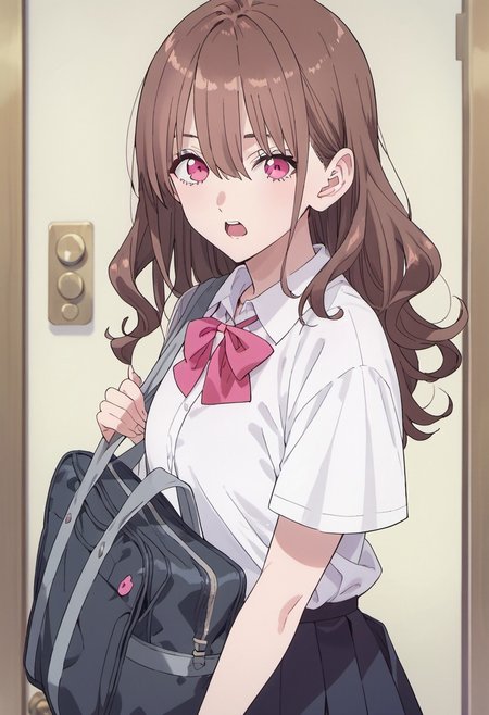 score_9, score_8_up, score_7_up, source_anime, tachibana mikari, long hair, brown hair, pink eyes, 1girl, bag, solo, school uniform, skirt, school bag, shirt, bow, white shirt, door, open mouth, looking at viewer