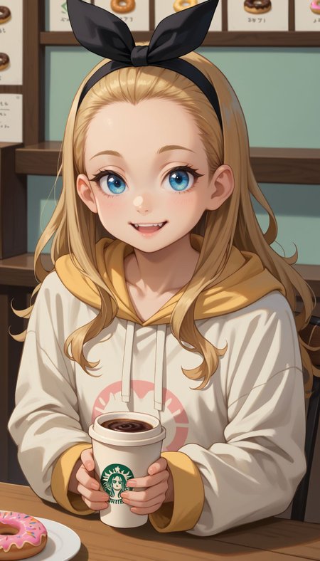 score_9, score_8_up, score_7_up, score_6_up, , solo, 20yo woman, (Beuty:1.1) , (cute:1.3), ,perfecteyes , seductive smile,perfect (photo realistic:1.2), (simple background:1.1), 
 <lora:Kurumi:1> kurumi \(lycoris recoil\), blonde hair, hair ribbon, long hair, black ribbon, black hairband, forehead, blue eyes, long sleeves, white hoodie, , upper tooth, smile, , sitting, table, chair, coffee shop, holding coffee cup, doughnut, food, smille, upper body