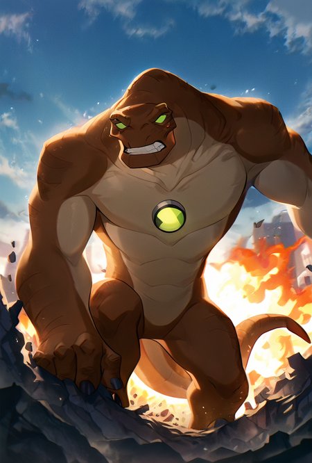 <lora:humungousaur-08:1> humungousaur, dinosaur, 1boy, male focus, solo, green eyes, no humans, brown skin, , green sclera, tail, no pupils, zoomed out view,   <lora:WSSKX_WAI:1>, behind buildings, hiding behind buildings, giant sky scrapers, pushing buildings aside, giant, fire, teeth, angry,, masterpiece, best quality, amazing quality, very aesthetic, absurdres, newest,