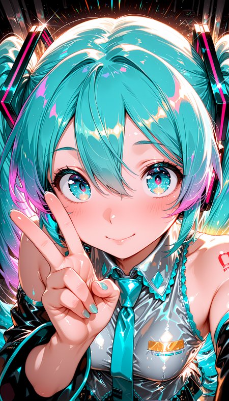 hatsune_miku, dynamic pose, from above, victory gesture, close-up, selfie, glowing outline, vibrant, colorful, shiny,  shine, reflection, gradient eyes, shiny hair,