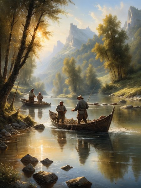 Oil painting, Fishermen in medieval dress cast their nets into a clear river flowing through an idyllic landscape, the glittering water catching the bright daylight, a breathtaking light atmosphere, masterpiece, high detail, 8k, intricate, detailed, high resolution, high res, high quality, <lora:add-detail-xl:1.8>, highly detailed, Extremely high-resolution details, fine texture