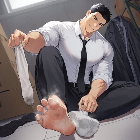 solo, 1boy, muscular male, short hair, black hair, short hair, black eyes, song taewon, smirk, looking at viewer, head tilt, BREAK, bara, large pectorals, unworn suit jacket on floor, white shirt, rolled up sleeves, collared shirt, belt, black necktie, undressing legwear, one sock on, holding sock, dirty sock, smelly socks, unworn sock focus, reaching to viewer, outstrectched arm, sitting, indoors, storage room, BREAK, , dynamic, cinematic, dutch angle, very awa, masterpiece, best quality, absurdres, newest, perfect quality, detailed background, intricate details, artist: f-una, (artist: mondi: 0.5), artist: kuromine_hiraya