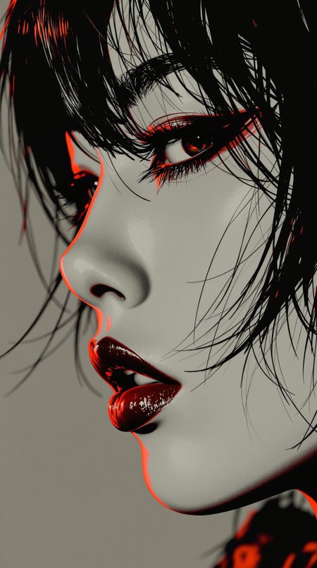 Rendered in striking pop-art style with bold halftone textures and a limited colour palette of black and red, this extreme close-up side portrait captures a young Japanese woman with a tousled, shaggy bob and averted, smoky-eyed gaze. Her expression exudes sensual detachment—lips slightly parted, skin glowing in hyperreal contrast. Bold red and black shadows contour her face in classic pop-art palette, echoing Lichtenstein and cyberpunk poster aesthetics.