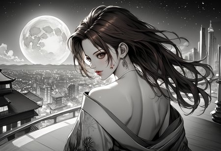 score_9, score_8_up, score_7_up, score_6_up, score_5_up, score_4_up,  <lora:Boichi_style_pony:1>, boichi style, monochrome, greyscale, 1girl, upper body, solo,  brown hair, long hair, looking back, blood, breasts, back, brown eyes,  kimono, katana, from behind, outdoors, night, cityscape, horizon, city, building, skyscraper, moon, star (sky), sky, masterpiece, looking at the viewer, masterpiece, highres, highly detailed face, highly detailed shining eyes, symmetrical highly detailed eyes, entire body, beach, sand, sea