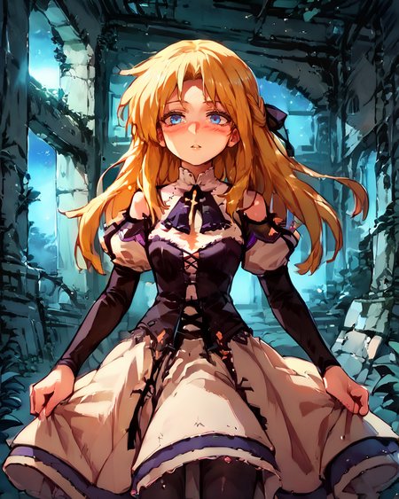 (score_9, score_8_up, score_7_up), source anime, indoors, forest, night, ruins, (night), stars, cosmos, <lora:backgroundsetXL:0.2> , background, woman ruins standing, <lora:Expressive_H:0.8> , expressiveh, female focus, blush, looking at viewer, <lora:HandFixer_pdxl_Incrs_v1:0.45> , handfixer, depth of field, highly detailed,(cowboy shot),  <lora:StS_detail_slider_v1PonyXL:2>, detailed, clutter, <lora:Manhwa-Artstyle__PonyXL__Shufflebox:0.65> , Manhwa-Artstyle, anime_source,   <lora:Yggdra:0.8> , yggdef, 1girl, blonde hair, long hair, blue eyes, hair ribbon, ascot, juliet sleeves, black sleeves, dress, cross-laced clothes, cross-laced dress, lace-trimmed dress, lace trim, corset, black pantyhose,