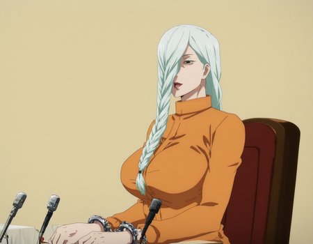 side view, upper body, <lora:anime_screencap-Illustrious:0.65> anime screencap, anime coloring, very aesthetic, absurdres, zPDXL, <lora:Pony_DetailV2.0:0.5> <lora:illustrious_quality_modifiers_masterpieces_v1:1>
<lora:MeiMeiJJK_15redo:1> m31m31, 1girl, brown eye, mature female, hair over one eye, braided bangs, twin braids, long hair, female focus, defined lips, open mouth, speaking into microphone, 
prisoner, orange jumpsuit, handcuffs, hands up, 
<lora:pressconference_Illust_v1:1> press conference, (microphone), microphone stand, table,