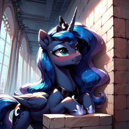 masterpiece, score_9, score_8_up, score_7_up, (best quality:1.1), ultra-detailed, high resolution, 1 girl, solo, pony, alicorn, highly detailed macro illustration, Princess Luna smiling, blushing, Princess Luna, feral, female, mare, cute, long eyelashes, (indoors), (((beautiful detailed eyes))), Long eyelashes, fluffy, ear fluff, long eyelashes, (cornering), taking cover, spying, marble wall, Highly Visible, (((8k))), sharp focus, perfect lighting, anatomically correct, extremely detailed, shine on body, (Canterlot Interior), high detail, cute face, Expressiveh, detailed background, OverallDetail, zPDXL2, <lora:Corneringv1:0.8>