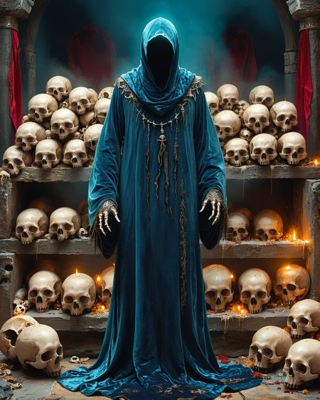 hooded faceless human sorcerer standing near a pile of skulls, evil temple, dais, volumetric lighting, velvet robe, intense color, <lora:add-detail-xl:1.0>,  <lora:xl_more_art-full_v1:0.4>,   <lora:XSfenlie:1> fenliexl,  <lora:lora:1>, realistic photo